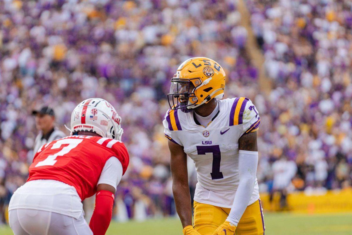 LSU football junior wide receiver Kayshon Boutte (7) lines up on Saturday, Oct. 22, 2022, during LSU&#8217;s 45-20 victory over Ole Miss in Tiger Stadium in Baton Rouge, La.