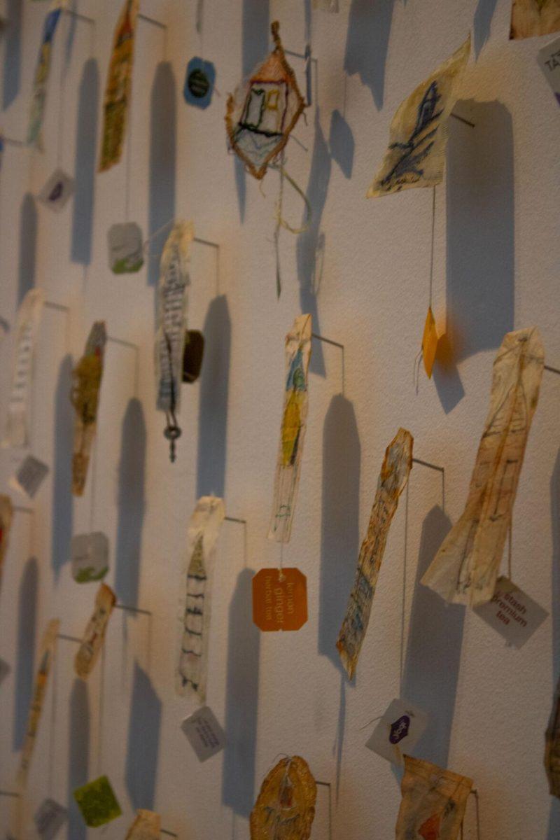 A tea bag arrangement hangs on display on Saturday, Oct. 1, 2022, at the Ogden Museum of Southern Art in New Orleans, La.