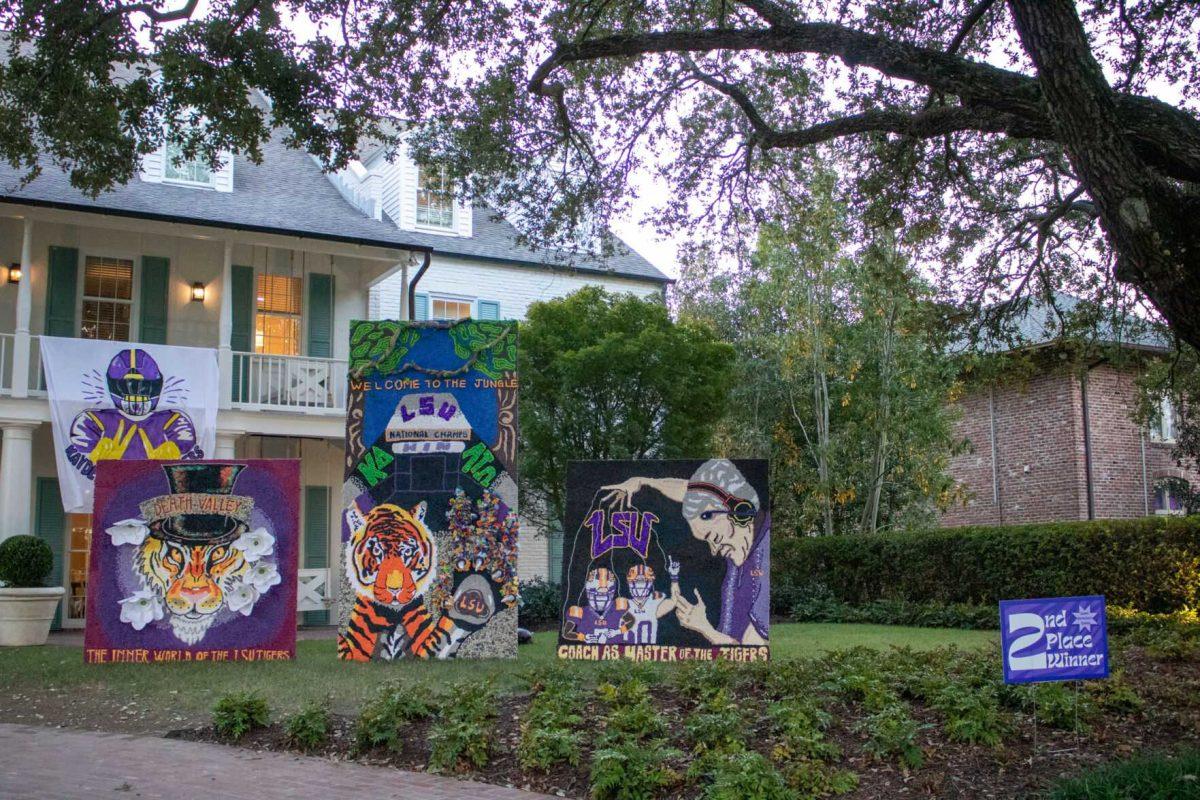 The Kappa Delta sorority's pomping boards take second place in Homecoming Pomping board competition on Saturday, October 22, 2022 on W Lakeshore Drive on LSU Campus.