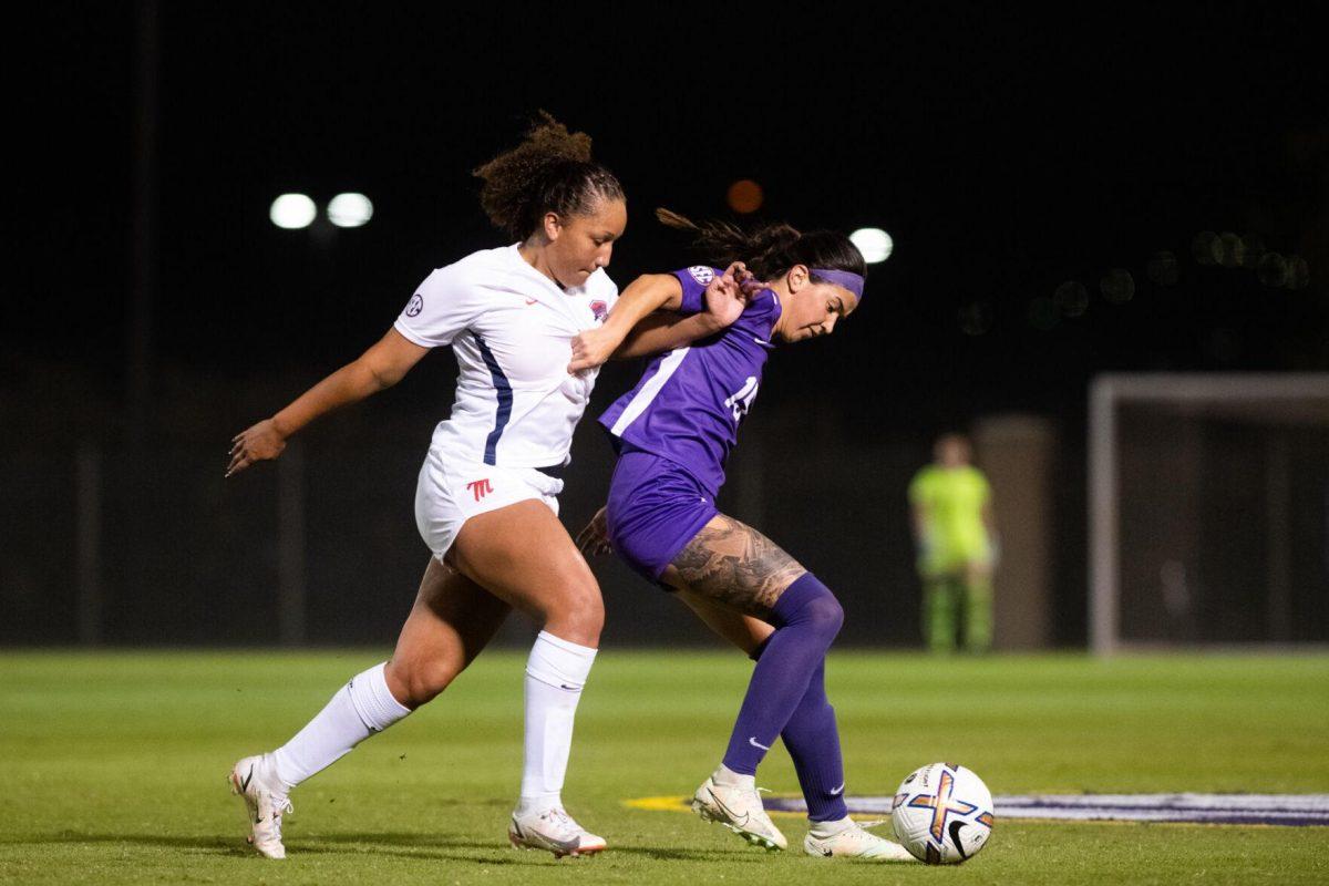 LSU soccer junior midfielder Jordan Johnson (15) fights to keep possession on Thursday, Oct. 27, 2022, during LSU&#8217;s 4-1 victory against Ole Miss at LSU&#8217;s Soccer Stadium off of Nicholson Drive.