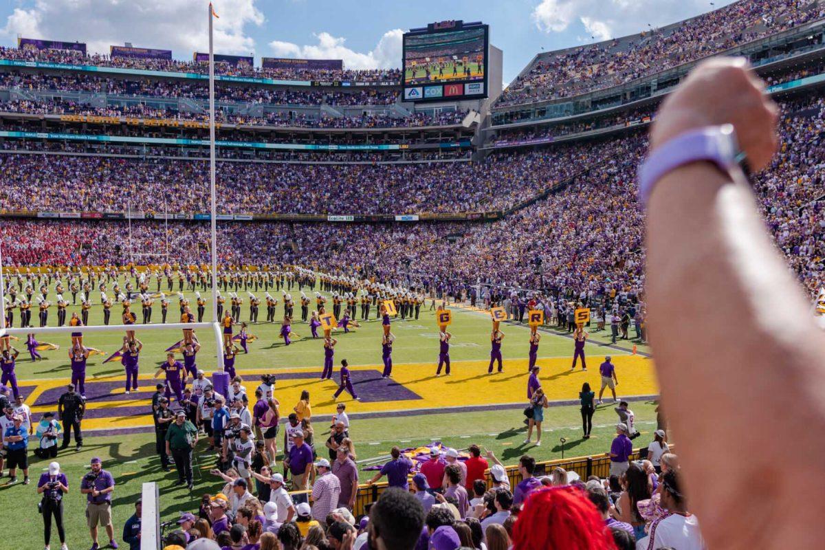 The LSU band and cheerleaders perform on Saturday, Oct. 22, 2022, prior to LSU&#8217;s 45-20 victory over Ole Miss in Tiger Stadium in Baton Rouge, La.