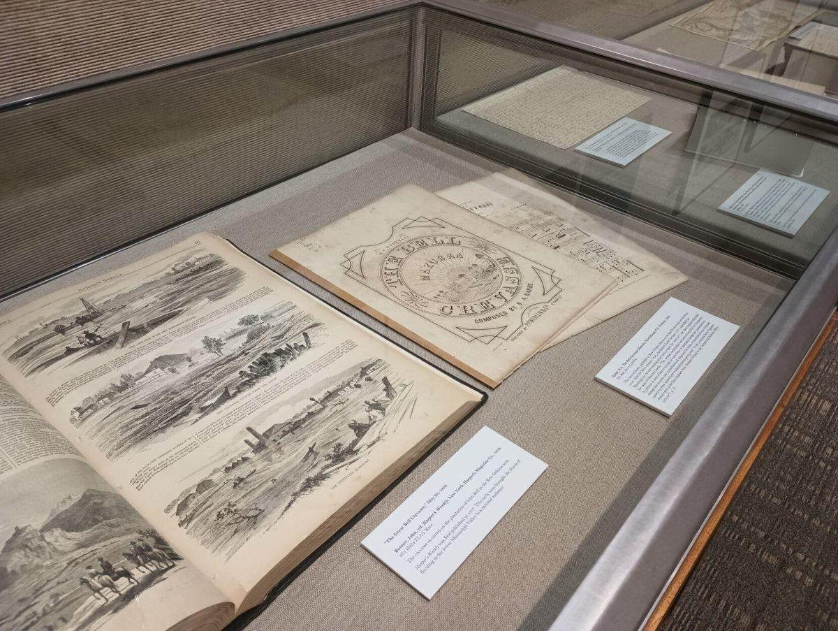 Sketching of river flooding in Harper's Weekly on Display in Hill Memorial Library in Baton Rouge La.&#160;