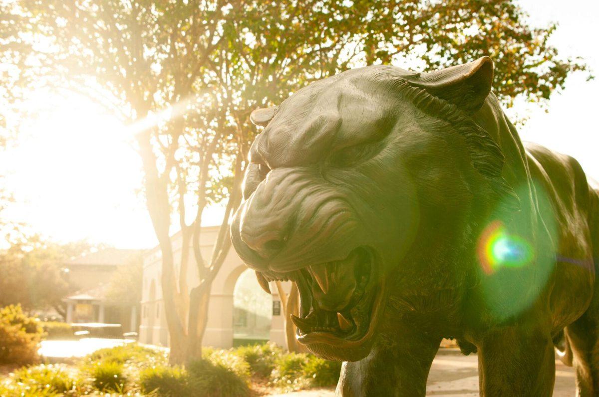 The metal tiger statue roars in the sunlight on Tuesday, Oct. 18, 2022, at Mike the Tiger's Habitat in Baton Rouge, La.