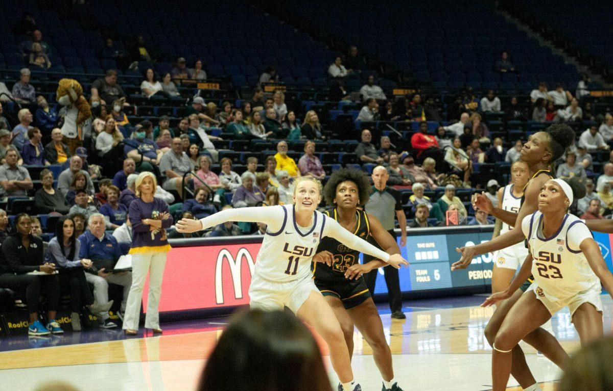 LSU women's basketball forward Emily Ward blocks her opponent after a shot is taken at an exhibition game against Mississippi College on Thursday, Oct. 27, 2022, in the Pete Maravich Assembly Center on N. Stadium Drive.