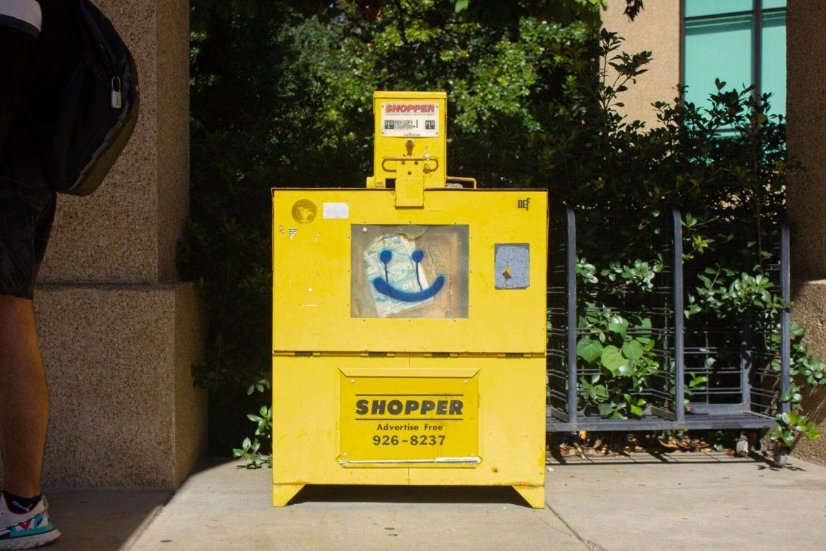 The bright yellow newspaper stand sits on Monday, Oct. 3, 2022, in front of Allen Hall Baton Rouge, La.