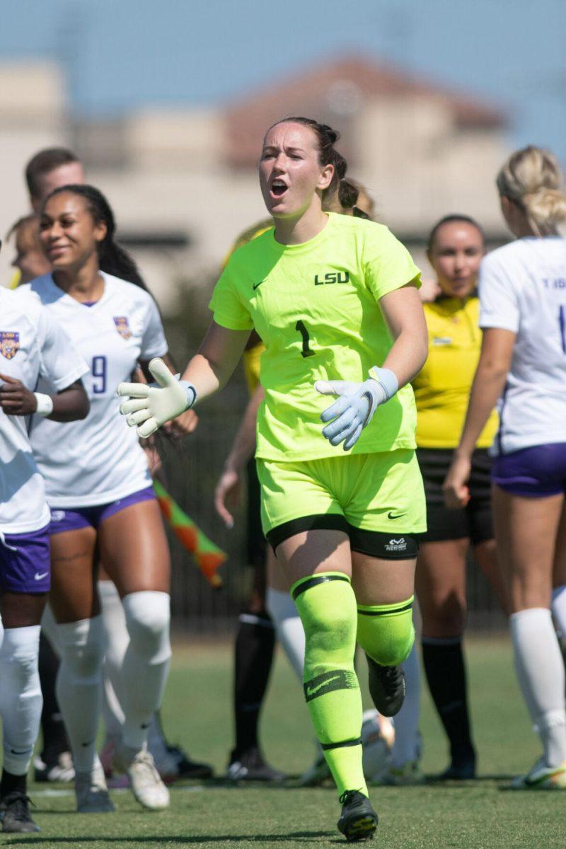 LSU soccer senior goalkeeper Mollee Swift (1) excitedly takes the field on Sunday, Oct. 9, 2022, during LSU&#8217;s defeat to Alabama 0-5 at LSU&#8217;s Soccer Stadium off Nicholson Drive.