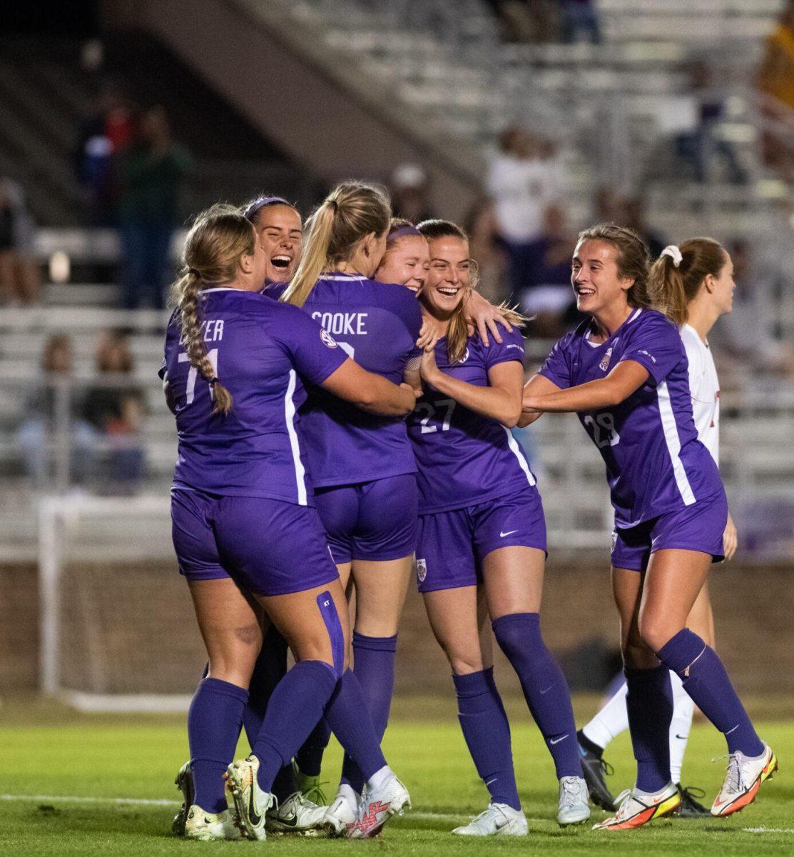 The LSU soccer team hugs senior defender Anna Rockett (14) after her first collegiate goal on Thursday, Oct. 27, 2022, during LSU&#8217;s 4-1 victory against Ole Miss at LSU&#8217;s Soccer Stadium off of Nicholson Drive.