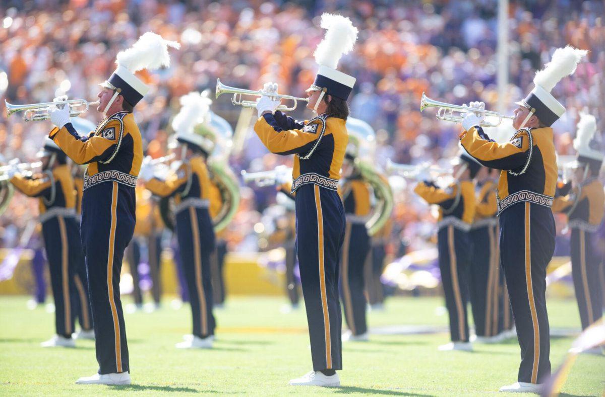 The Tiger Band trumpets perform on the field before the start of the game against Tennessee on Saturday, Oct. 8, 2022, in Tiger Stadium.