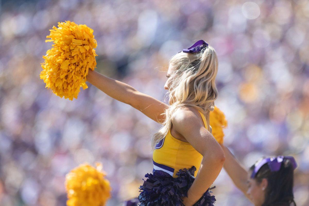 A LSU cheerleader cheers on the football team on Saturday, Oct. 8, 2022, during LSU's defeat to Tennessee 13-40 in Tiger Stadium.