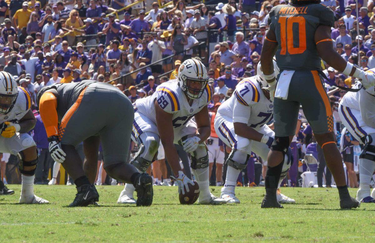 LSU football junior offensive line Charles Turner (69) snaps the ball on Saturday, Oct. 8, 2022, during Tennessee&#8217;s 40-13 victory over LSU in Tiger Stadium.