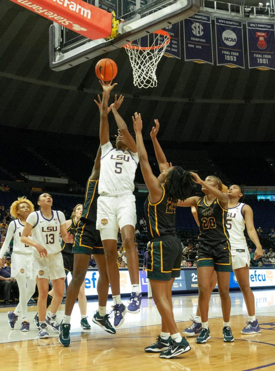 LSU women's basketball forward Sa'Myah Smith takes flight while shooting at an exhibition game against Mississippi College on Thursday, Oct. 27, 2022, in the Pete Maravich Assembly Center on N. Stadium Drive.