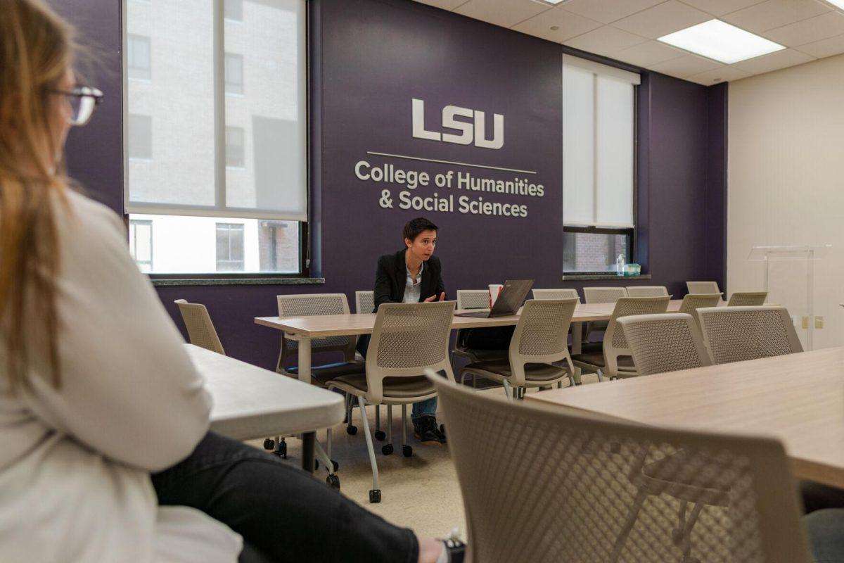 LSU Associate Professor of English Chris Barrett speaks with those in attendance on Friday, Oct. 21, 2022, at the Humanities and Social Sciences strategic meeting inside Hodges Hall on Field House Drive in Baton Rouge, La.