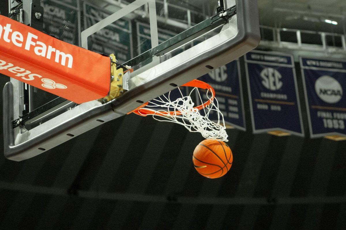 The basketball swooshes through the net at the LSU women's basketball exhibition game against Mississippi College on Thursday, Oct. 27, 2022, in the Pete Maravich Assembly Center on N. Stadium Drive.