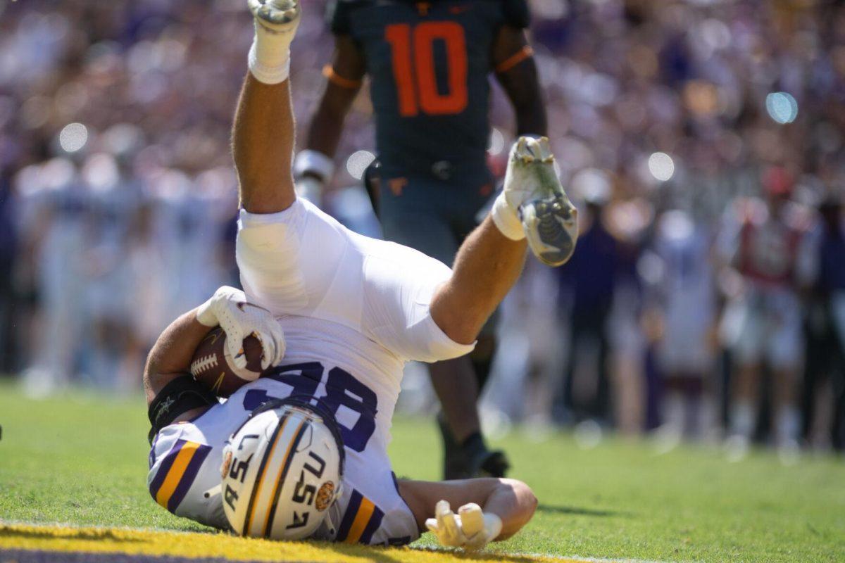 LSU freshman tight end Mason Taylor (86) sets LSU up for a touchdown on Saturday, Oct. 8, 2022, during LSU's defeat to Tennessee 13-40 in Tiger Stadium.