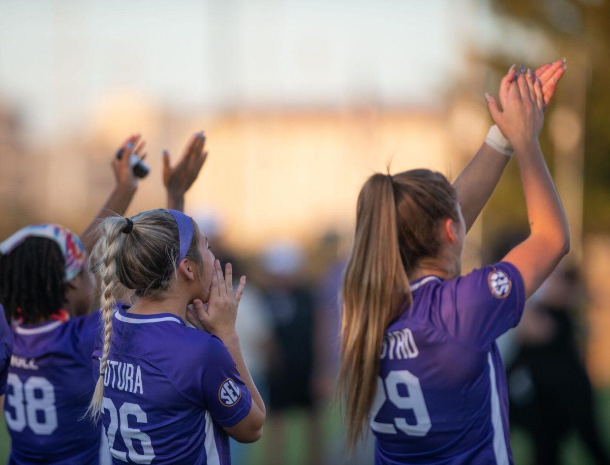 LSU soccer junior forward Brooke Cutura (26) and sophomore midfielder Jaden Humbyrd (29) cheer for their seniors on senior night on Thursday, Oct. 27, 2022, before the start of LSU&#8217;s 4-1 victory against Ole Miss at LSU&#8217;s Soccer Stadium off of Nicholson Drive.