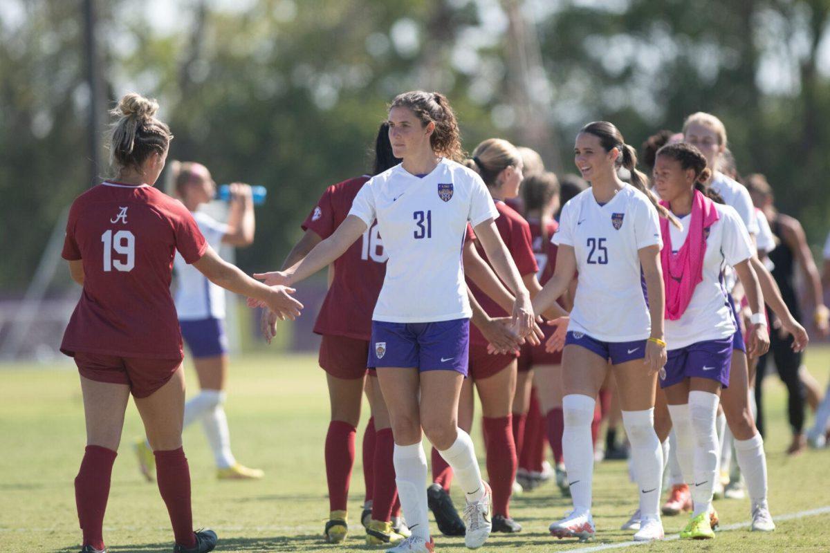 The LSU soccer team shakes hands with Alabama on Sunday, Oct. 9, 2022, after LSU&#8217;s defeat to Alabama 0-5 at LSU&#8217;s Soccer Stadium off Nicholson Drive.