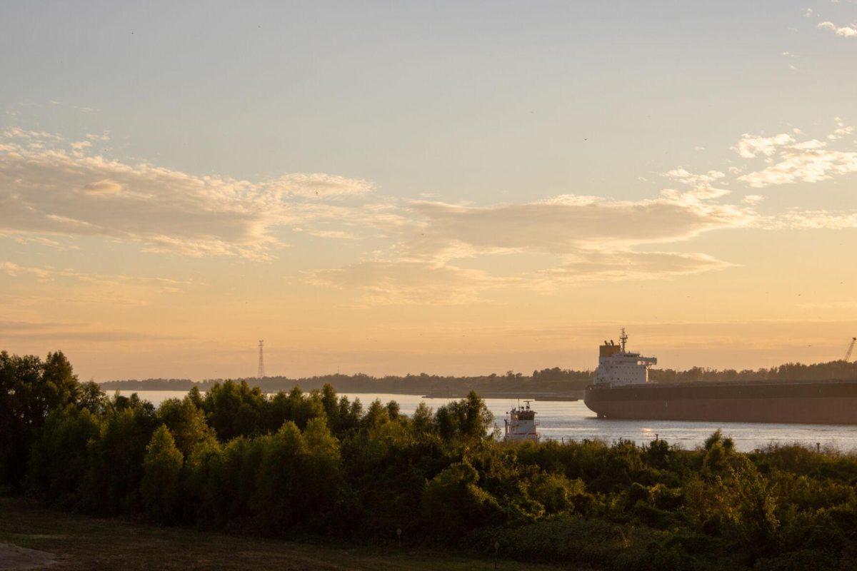 A ship sails down the Mississippi River on Tuesday, Oct. 11, 2022, in the Mississippi River near River Road in Baton Rouge, La.