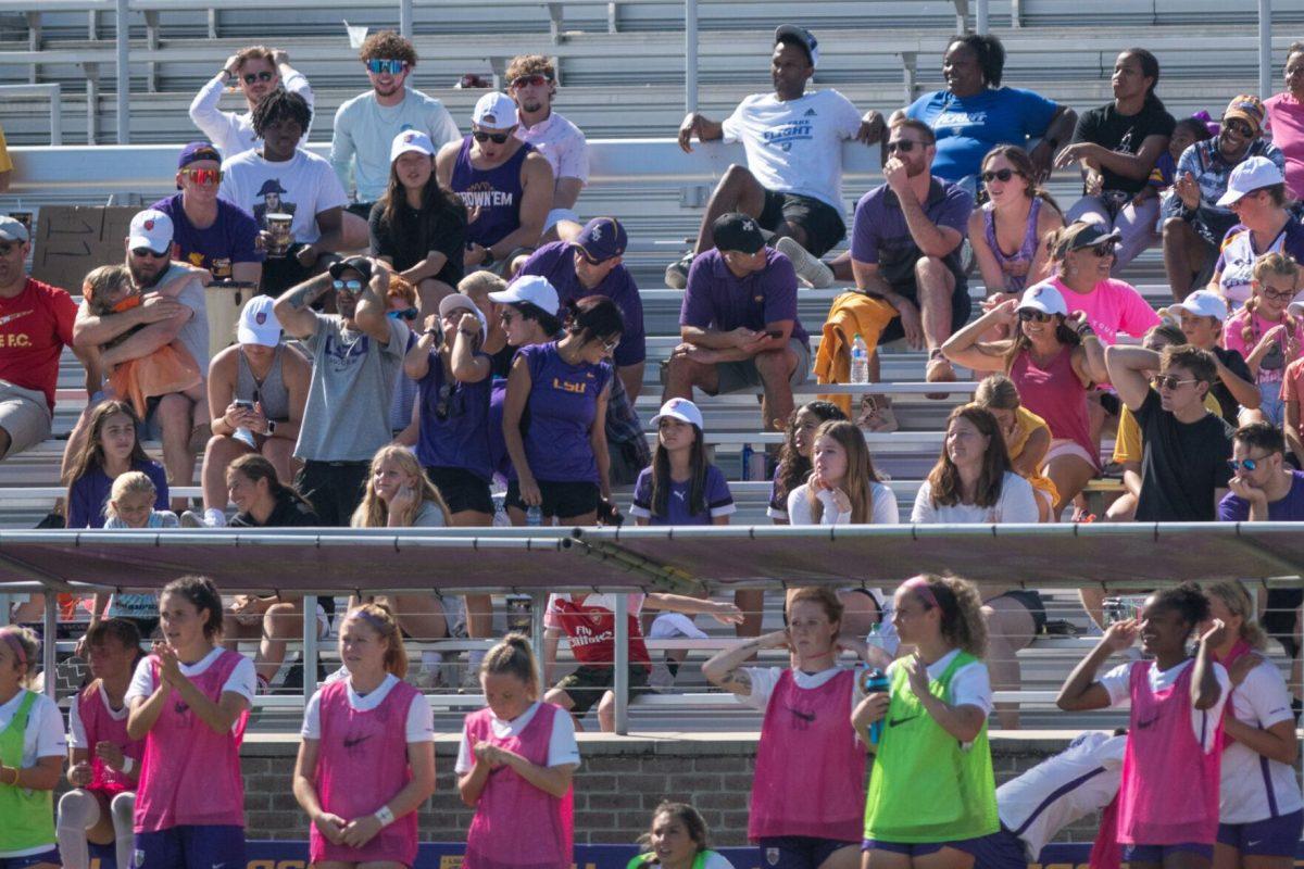 LSU soccer fans watch with their hands on their head on Sunday, Oct. 9, 2022, during LSU&#8217;s defeat to Alabama 0-5 at LSU&#8217;s Soccer Stadium off Nicholson Drive.