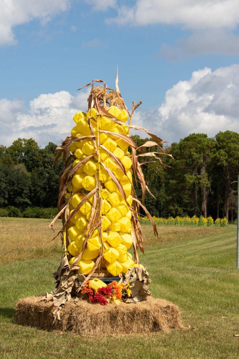 A homemade sculpture of corn sits on the Botanic Garden trail on Wednesday, Oct. 12, 2022, on Essen Ln. in Baton Rouge, La.