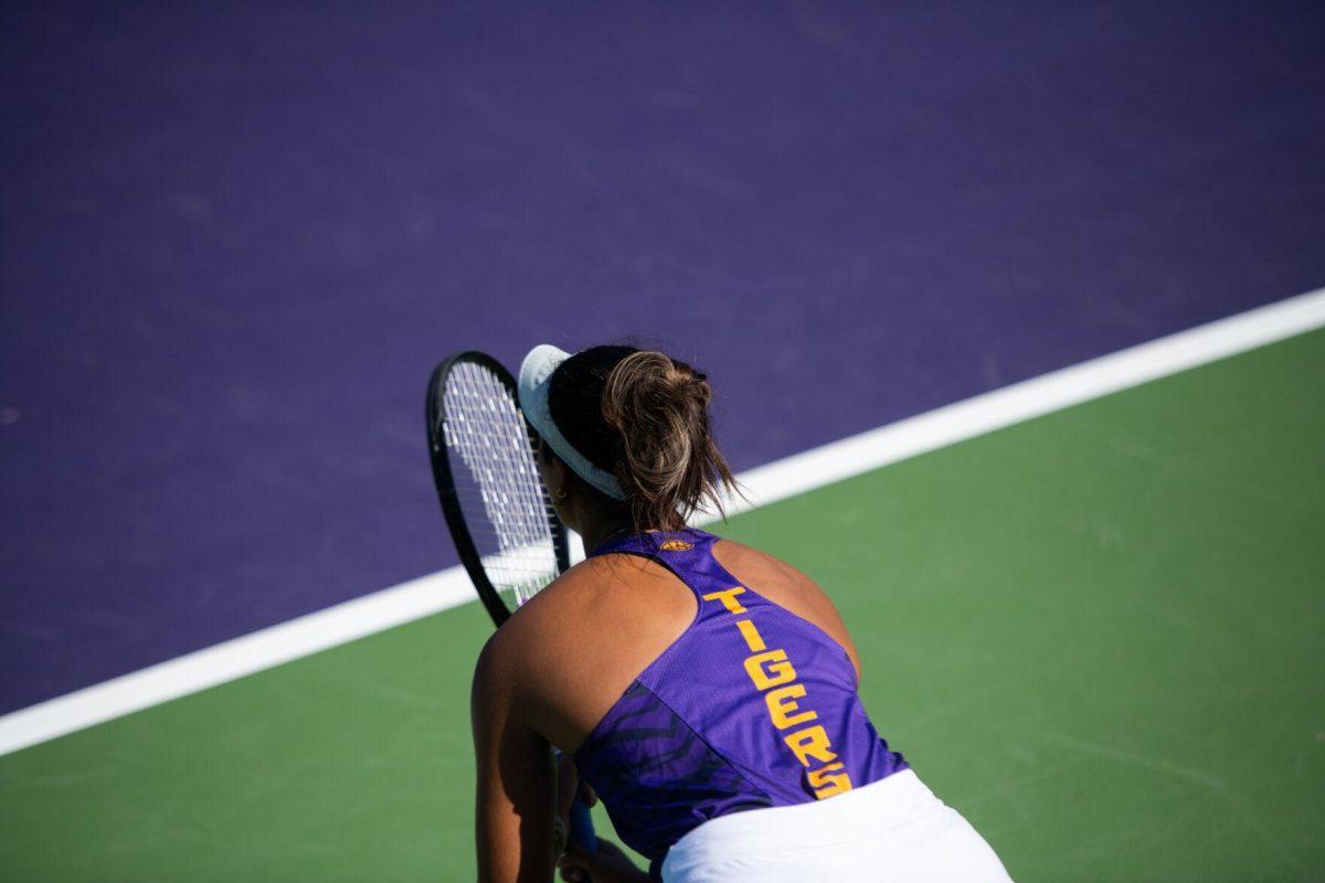 LSU women&#8217;s tennis senior Safiya Carrington stands ready Friday, Oct. 14, 2022, during the ITA Southern Regional in the singles round of 64 at the LSU Tennis Complex on Gourrier Avenue in Baton Rouge, La.