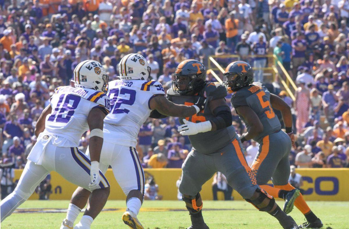 LSU football players on defense on Saturday, Oct. 8, 2022, during Tennessee&#8217;s 40-13 victory over LSU in Tiger Stadium.