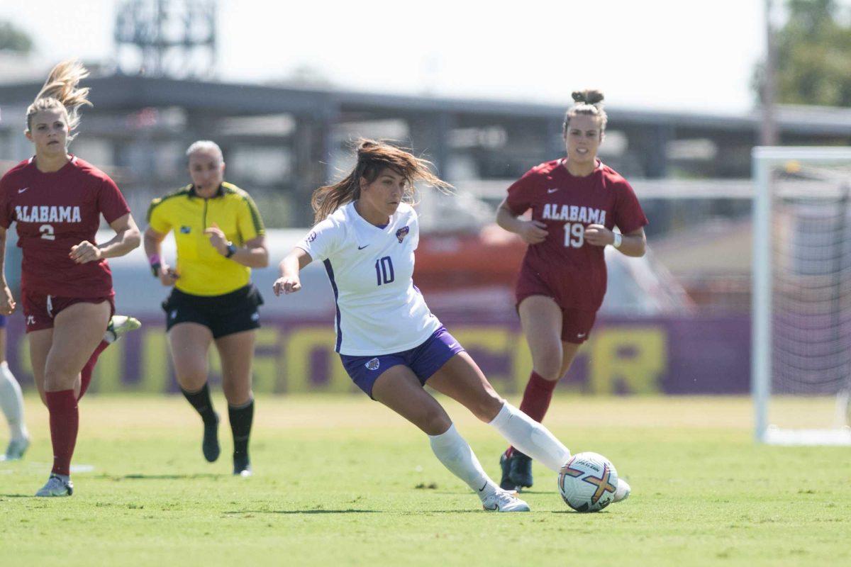 LSU soccer fifth-year senior forward Alesia Garcia (10) passes the ball on Sunday, Oct. 9, 2022, during LSU&#8217;s defeat to Alabama 0-5 at LSU&#8217;s Soccer Stadium off Nicholson Drive.