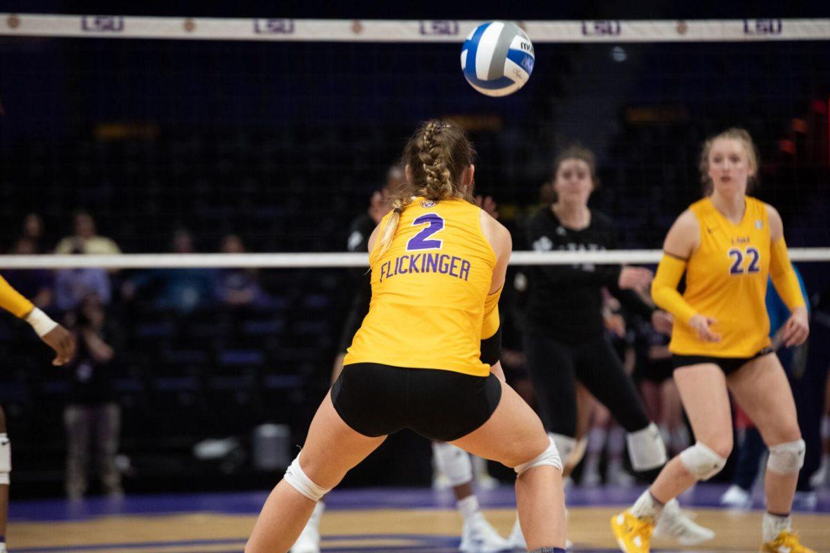 LSU volleyball junior outside hitter Paige Flickinger (2) hits the ball on Sunday, Oct. 30, 2022, during LSU&#8217;s 3-2 loss to Mississippi State at the Pete Maravich Assembly Center in Baton Rouge, La.