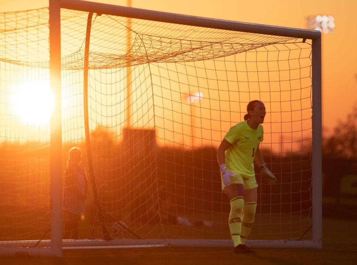 LSU soccer senior goalkeeper Mollee Swift (1) yells out directions from the goal on Thursday, Oct. 27, 2022, during LSU&#8217;s 4-1 victory against Ole Miss at LSU&#8217;s Soccer Stadium off of Nicholson Drive.