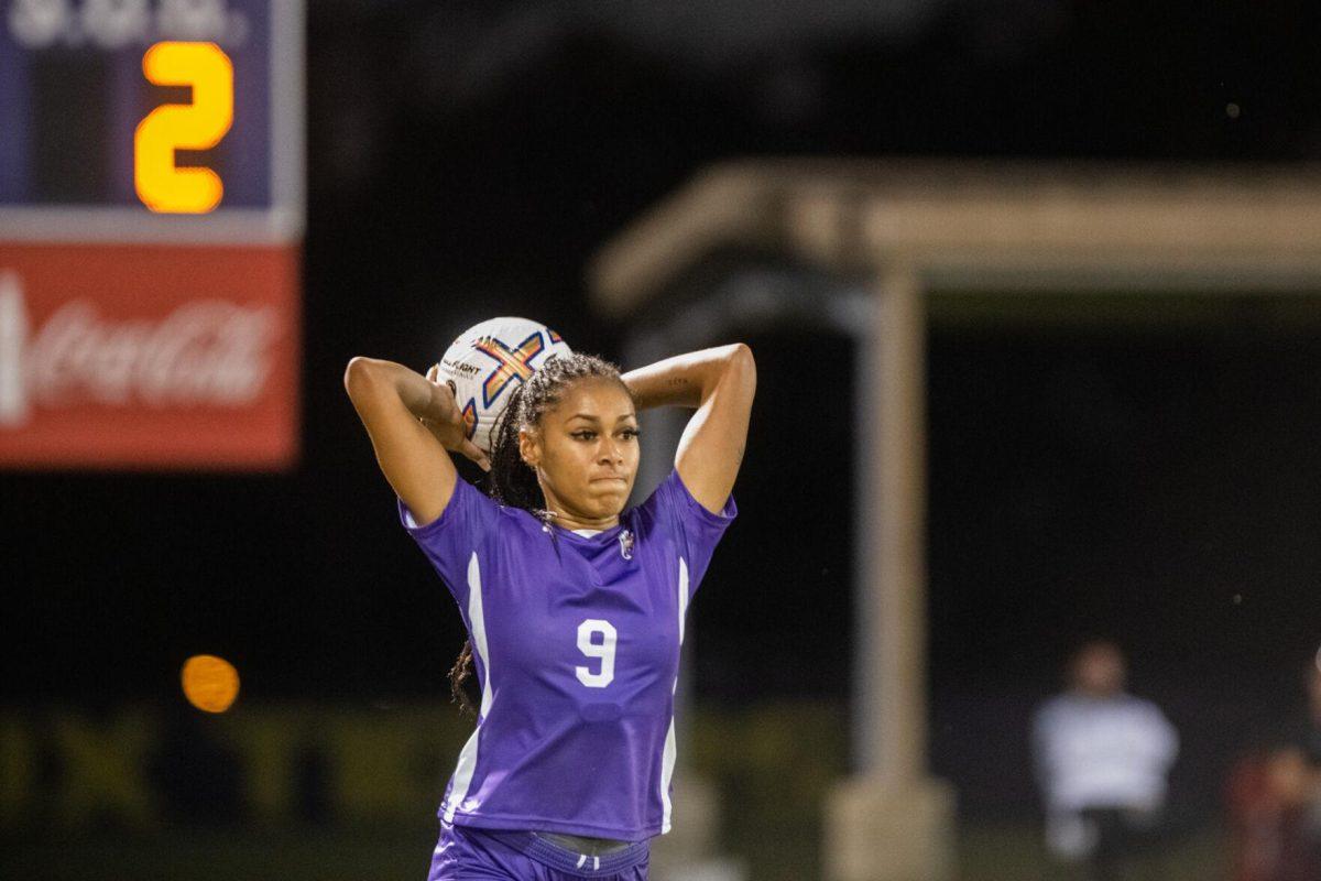 LSU soccer senior defender Maya Gordon (9) throws in the ball on Thursday, Oct. 27, 2022, during LSU&#8217;s 4-1 victory against Ole Miss at LSU&#8217;s Soccer Stadium off of Nicholson Drive.