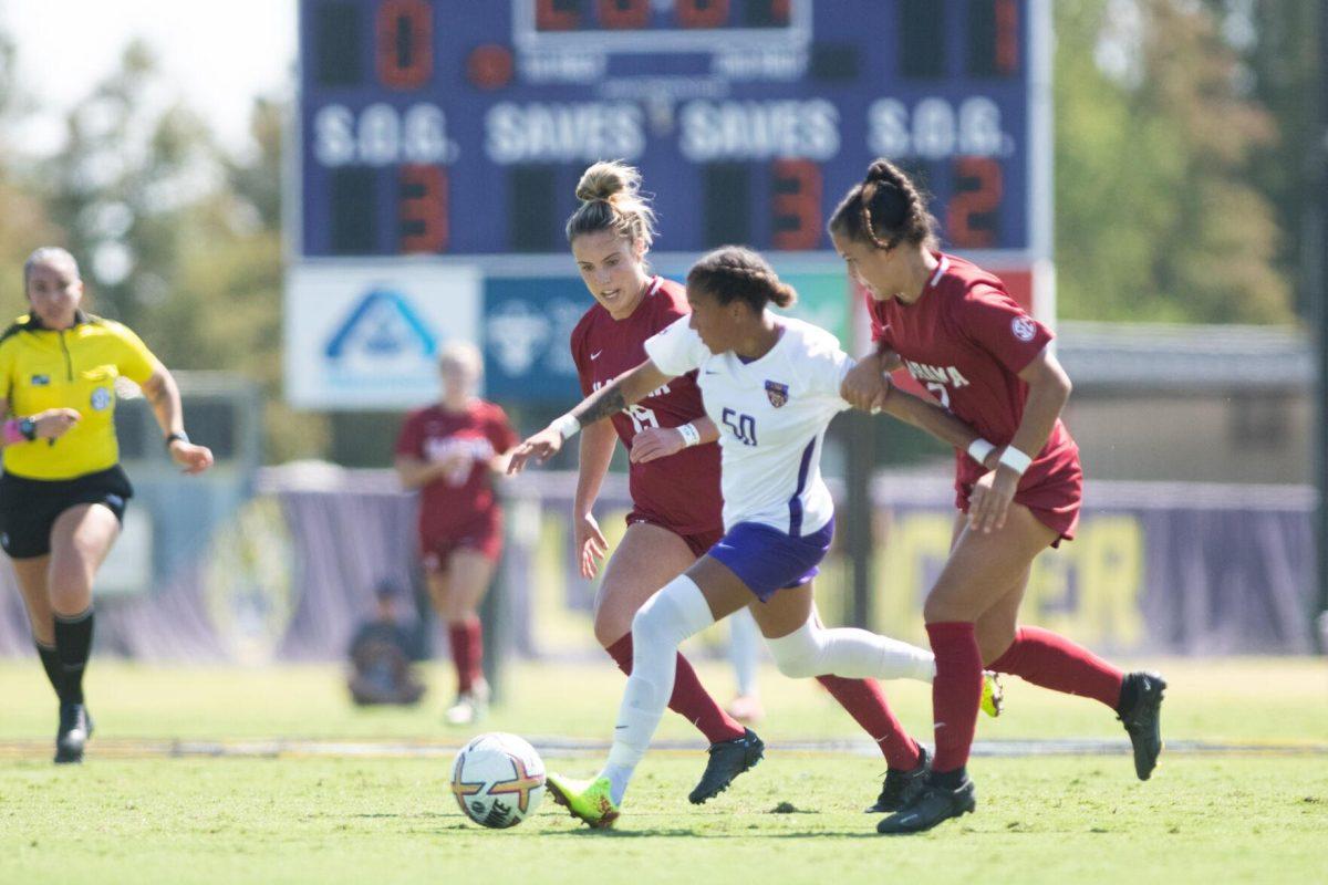 LSU soccer freshman forward Sage Glover (50) dribbles the ball on Sunday, Oct. 9, 2022, during LSU&#8217;s defeat to Alabama 0-5 at LSU&#8217;s Soccer Stadium off Nicholson Drive.