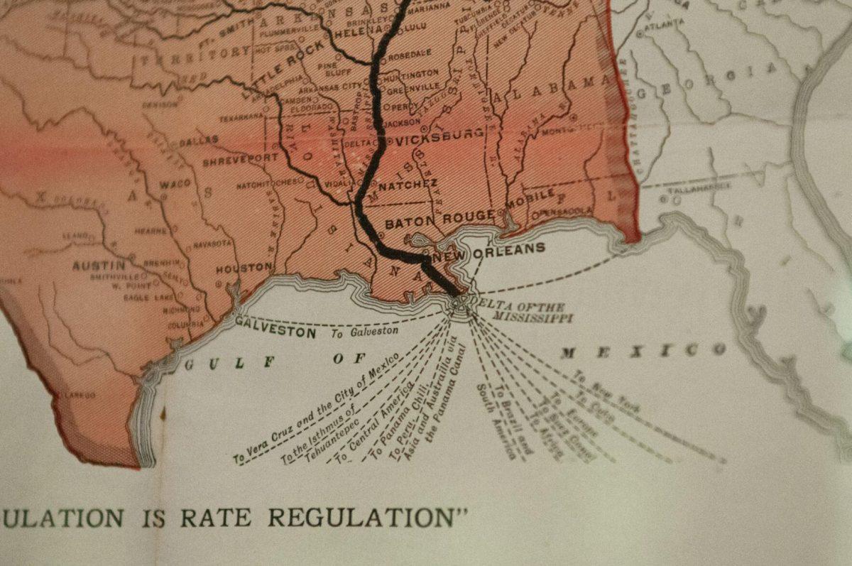 A map at the Water and Louisiana Consequences with Coastal Land exhibit at Hill Memorial Library on Field House Drive in Baton Rouge, La on Tuesday, Oct. 11, 2022 illustrates how water flows through Louisiana.