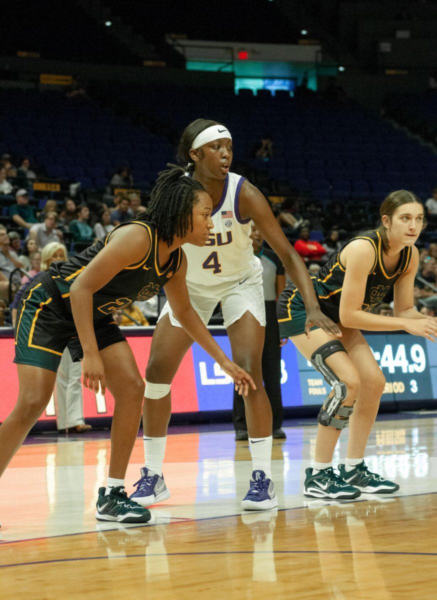 LSU women's basketball guard Flaujae Johnson prepares to block out following a free throw at an exhibition game against Mississippi College on Thursday, Oct. 27, 2022, in the Pete Maravich Assembly Center on N. Stadium Drive.