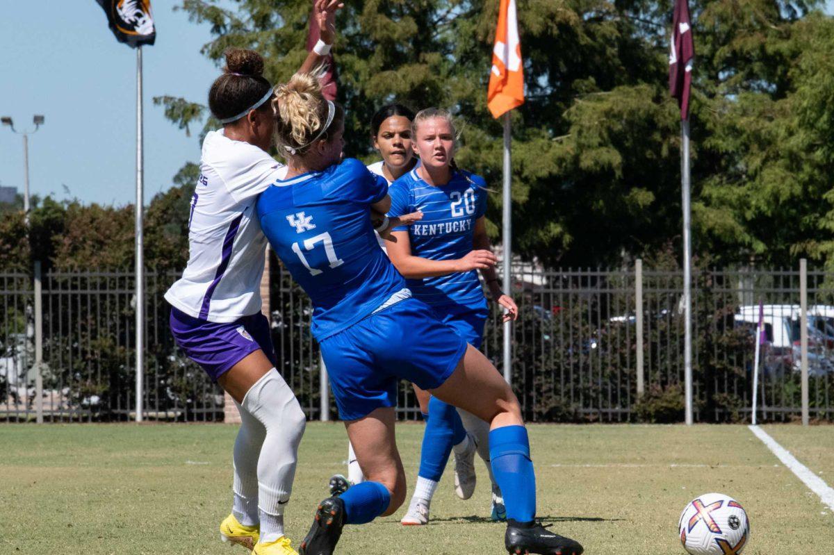 LSU soccer freshman forward Sage Glover (50) fights for the ball on Sunday, Oct. 2, 2022, during LSU&#8217;s 3-2 win against University of Kentucky at LSU&#8217;s Soccer Stadium off Nicholson Drive.