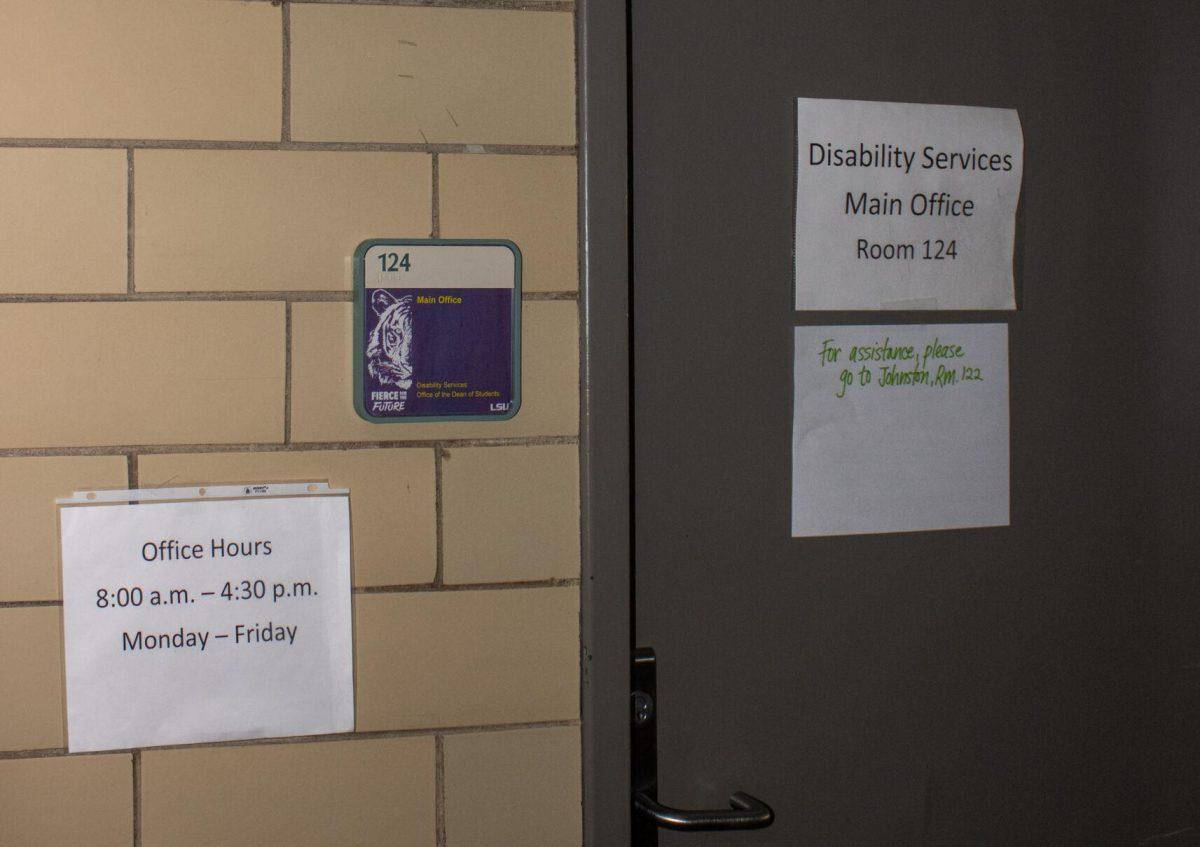 A sign reads for the Office of Disability Services at 124 Johnston Hall on Friday, Sept. 30, 2022, on LSU's campus in Baton Rouge, La.