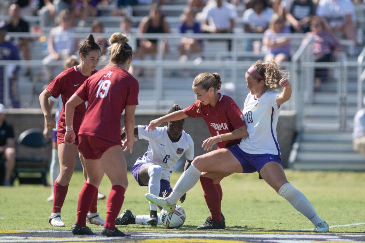 LSU soccer midfielders Wasila Diwura-Soale (6) and Brenna McPartlan (20) fight for the ball on Sunday, Oct. 9, 2022, during LSU&#8217;s defeat to Alabama 0-5 at LSU&#8217;s Soccer Stadium off Nicholson Drive.