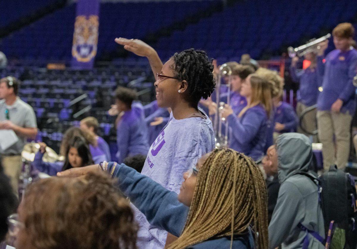 LSU students celebrate a point won against Auburn on Wednesday, Oct. 5, 2022, before their 3-2 victory over Auburn in the Pete Maravich Assembly Center on N. Stadium Drive.