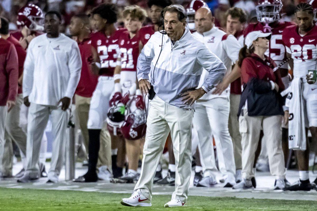 Alabama coach Nick Saban stands near the sideline during the first half of the team's NCAA college football game against Texas A&amp;M, Saturday, Oct. 8, 2022, in Tuscaloosa, Ala. (AP Photo/Vasha Hunt)