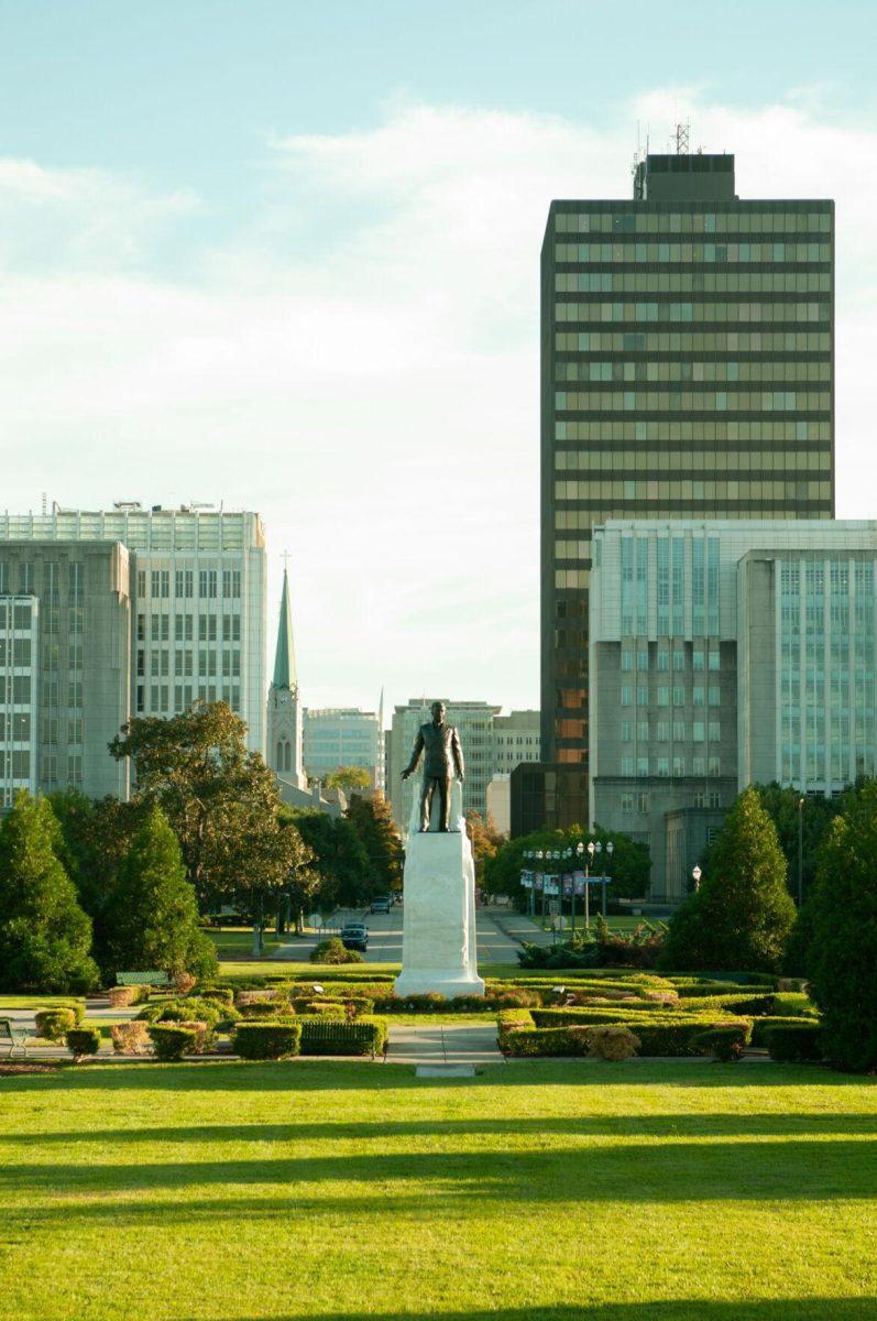 Huey Long's tombstone stands tall with downtown Baton Rouge in the background on Thursday, Oct. 20, 2022, at the Louisiana State Capitol in Baton Rouge, La.