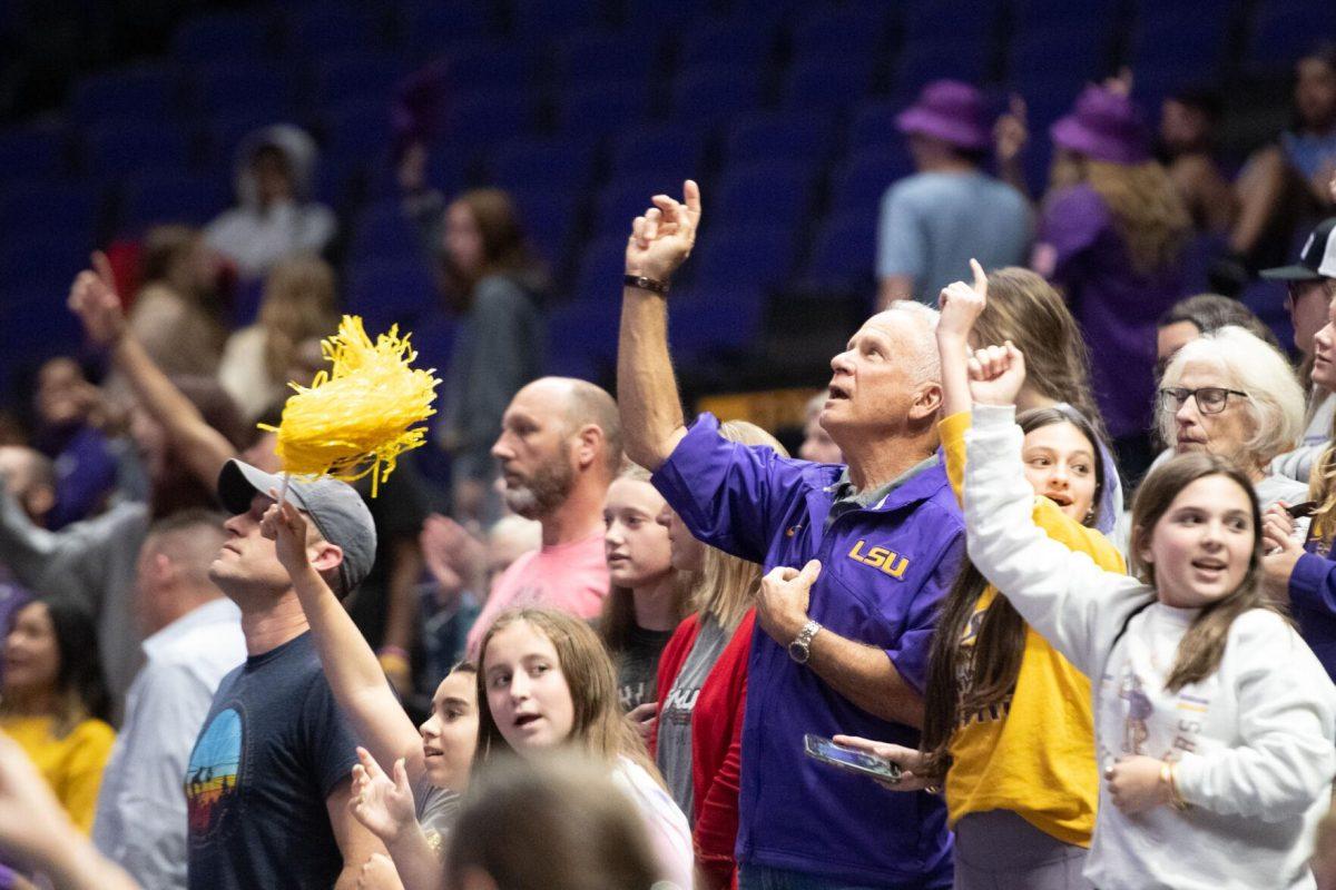 LSU volleyball fans cheer from the stands on Saturday, Oct. 29, 2022, during LSU&#8217;s 3-2 victory against Mississippi State at the Pete Maravich Assembly Center in Baton Rouge, La.