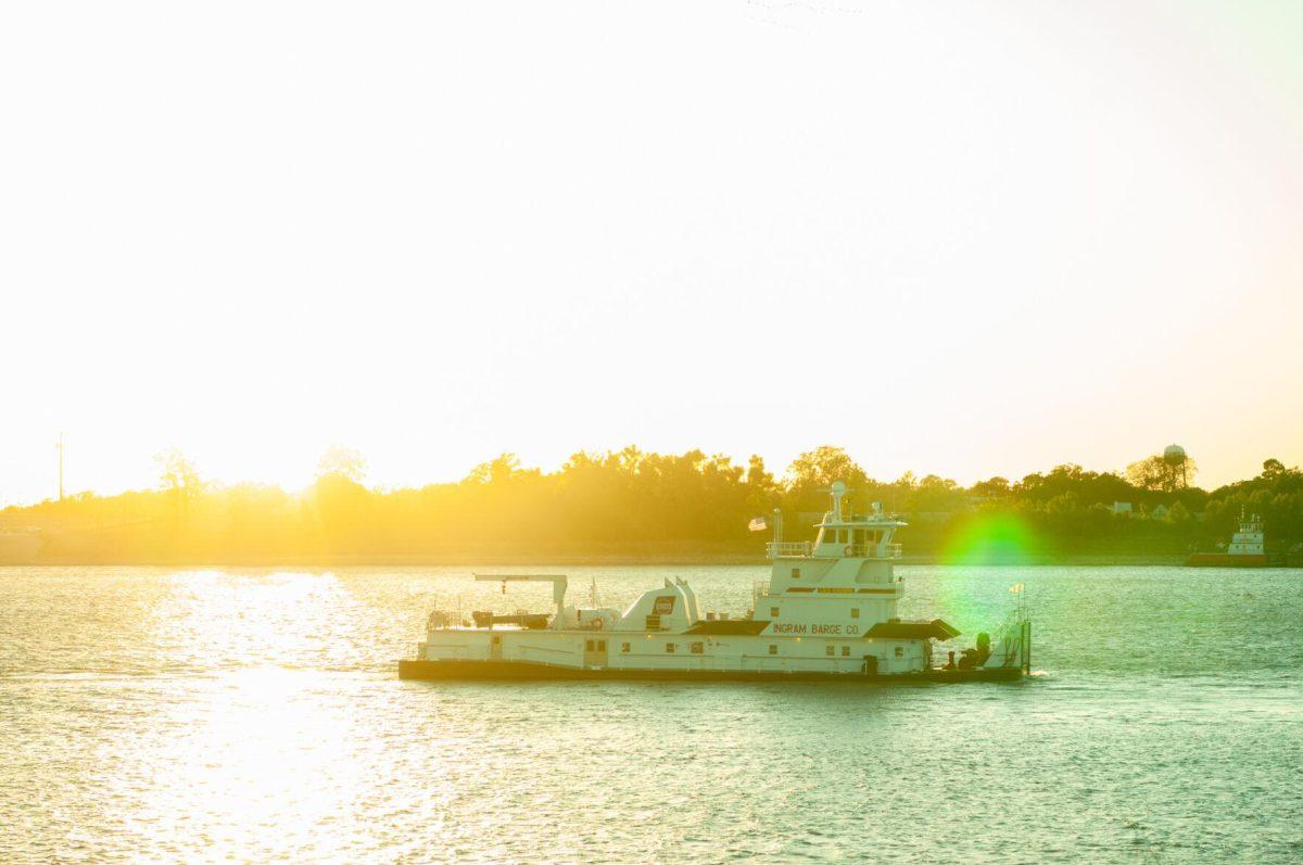 A boat travels north on Thursday, Oct. 20, 2022, on the Mississippi River in Baton Rouge, La.