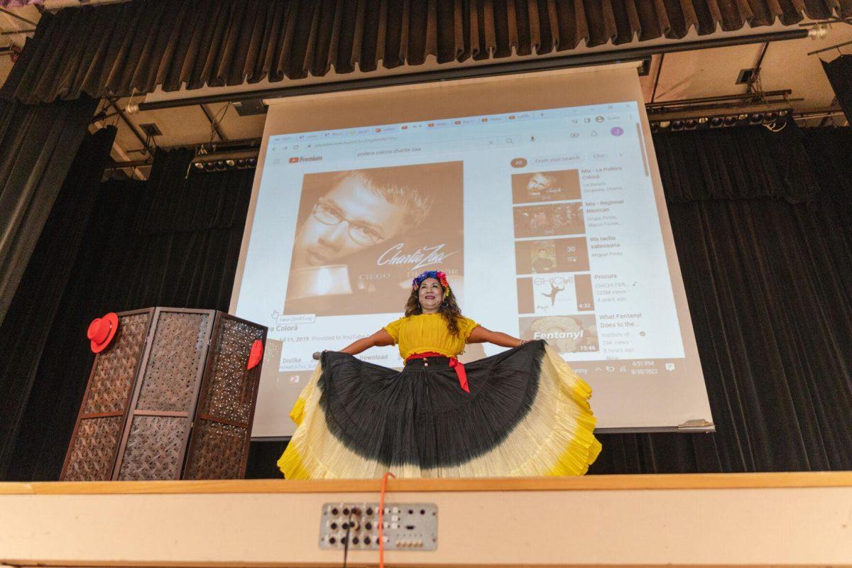 A dance instructor leads attendees in traditional dances on Friday, Sept. 30, 2022, during Latinx Night at the LSU Union Ballroom.