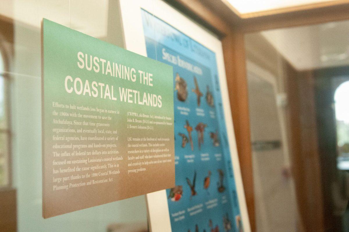 A free-standing display case for the Water and Louisiana Consequences with Coastal Land exhibit on the second floor of the Hill Memorial Library on Field House Drive in Baton Rouge, La on Tuesday, Oct. 11, 2022 explains the importance of sustaining coastal wetlands.