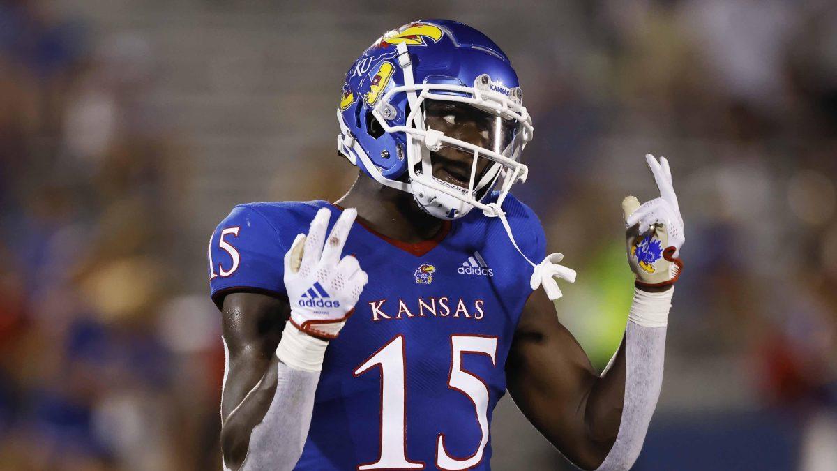 FILE - Kansas linebacker Craig Young gestures during an NCAA football game on Friday, Sept. 2, 2022, in Lawrence, Kan. Transfers have made major impacts around the Big 12, none more than at surprising unbeatens TCU and Kansas. (AP Photo/Colin E. Braley)