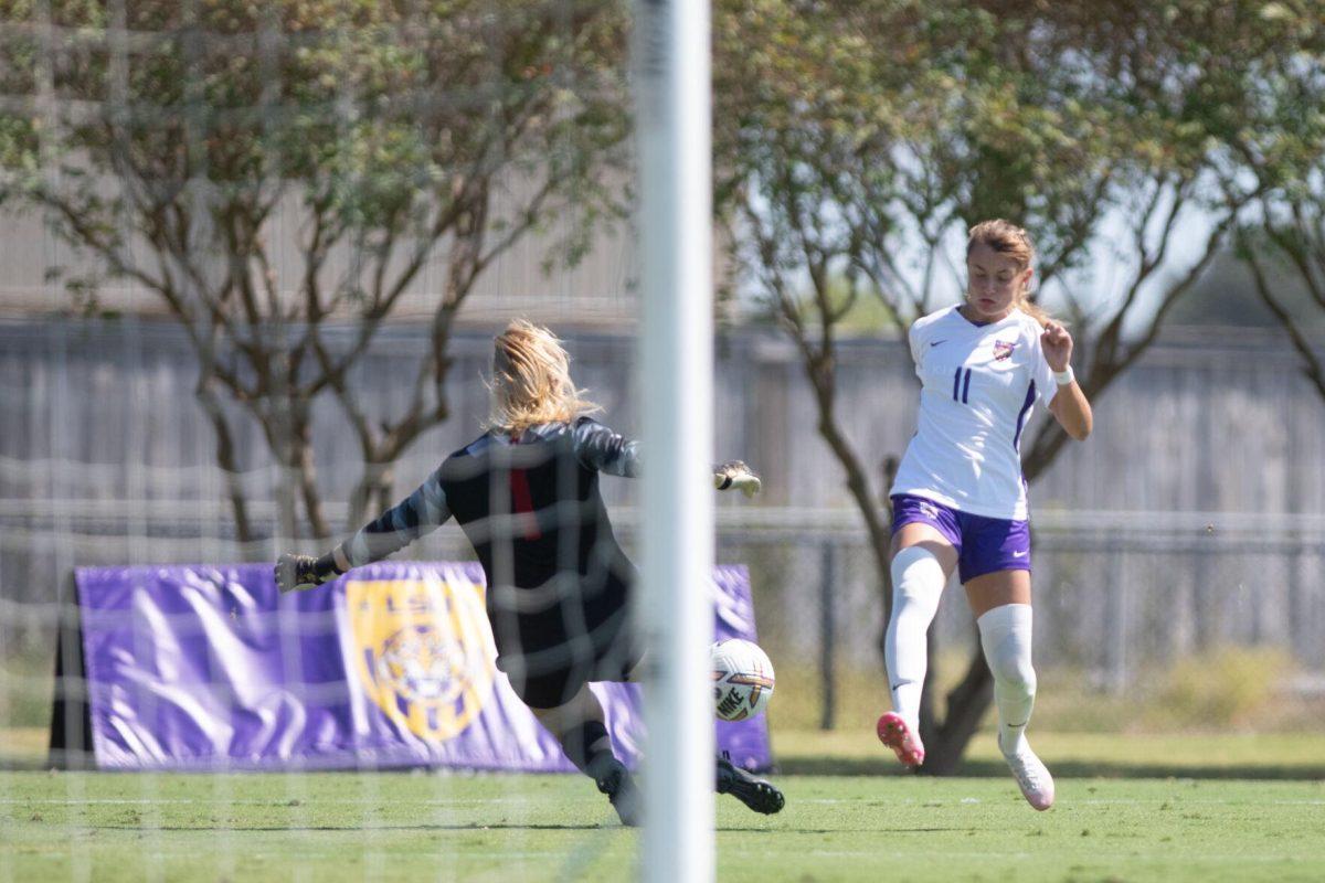 LSU soccer freshman forward Angelina Thoreson (11) takes a shot on goal on Sunday, Oct. 9, 2022, during LSU&#8217;s defeat to Alabama 0-5 at LSU&#8217;s Soccer Stadium off Nicholson Drive.