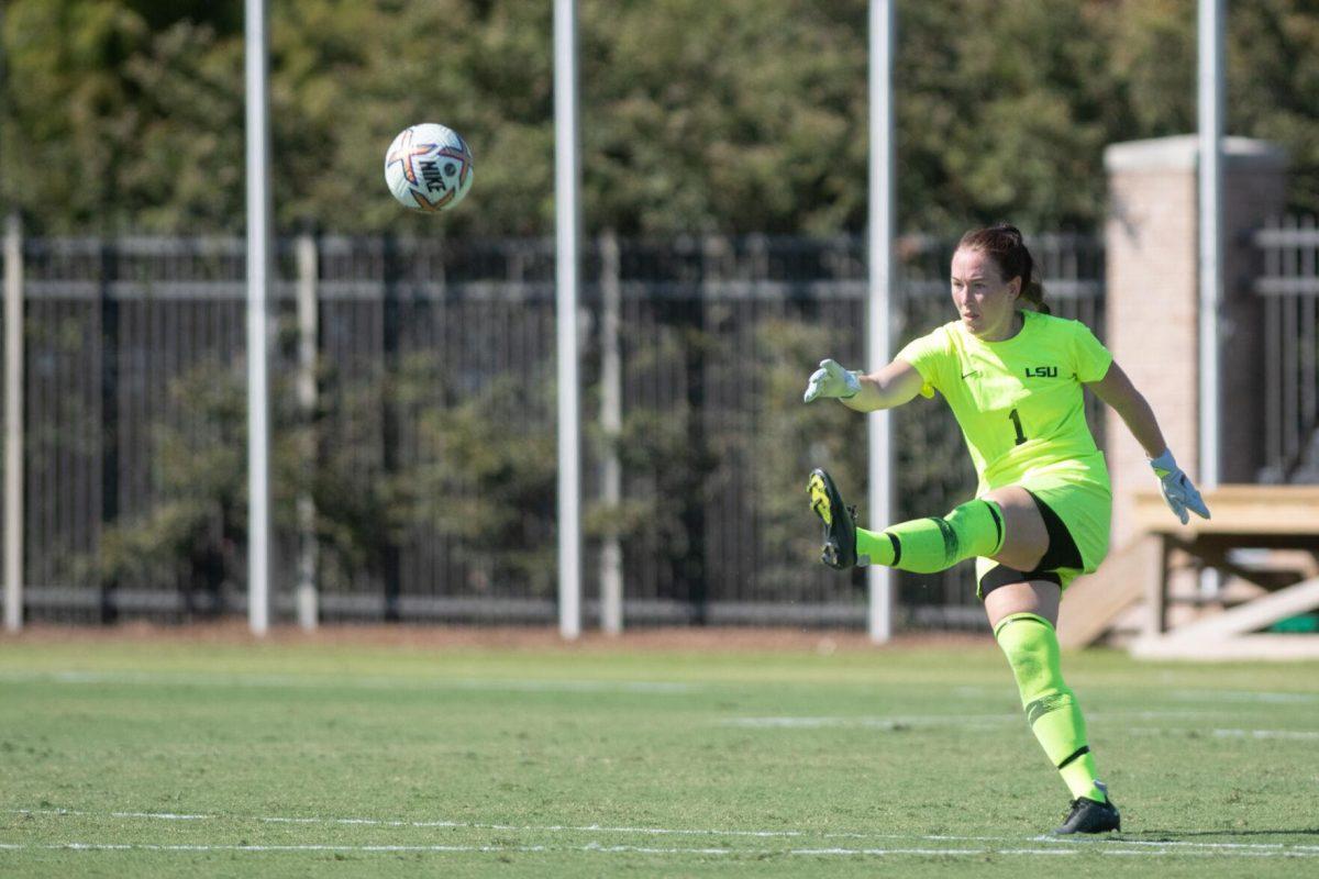 LSU soccer senior goalkeeper Mollee Swift (1) punts the ball on Sunday, Oct. 9, 2022, during LSU&#8217;s defeat to Alabama 0-5 at LSU&#8217;s Soccer Stadium off Nicholson Drive.