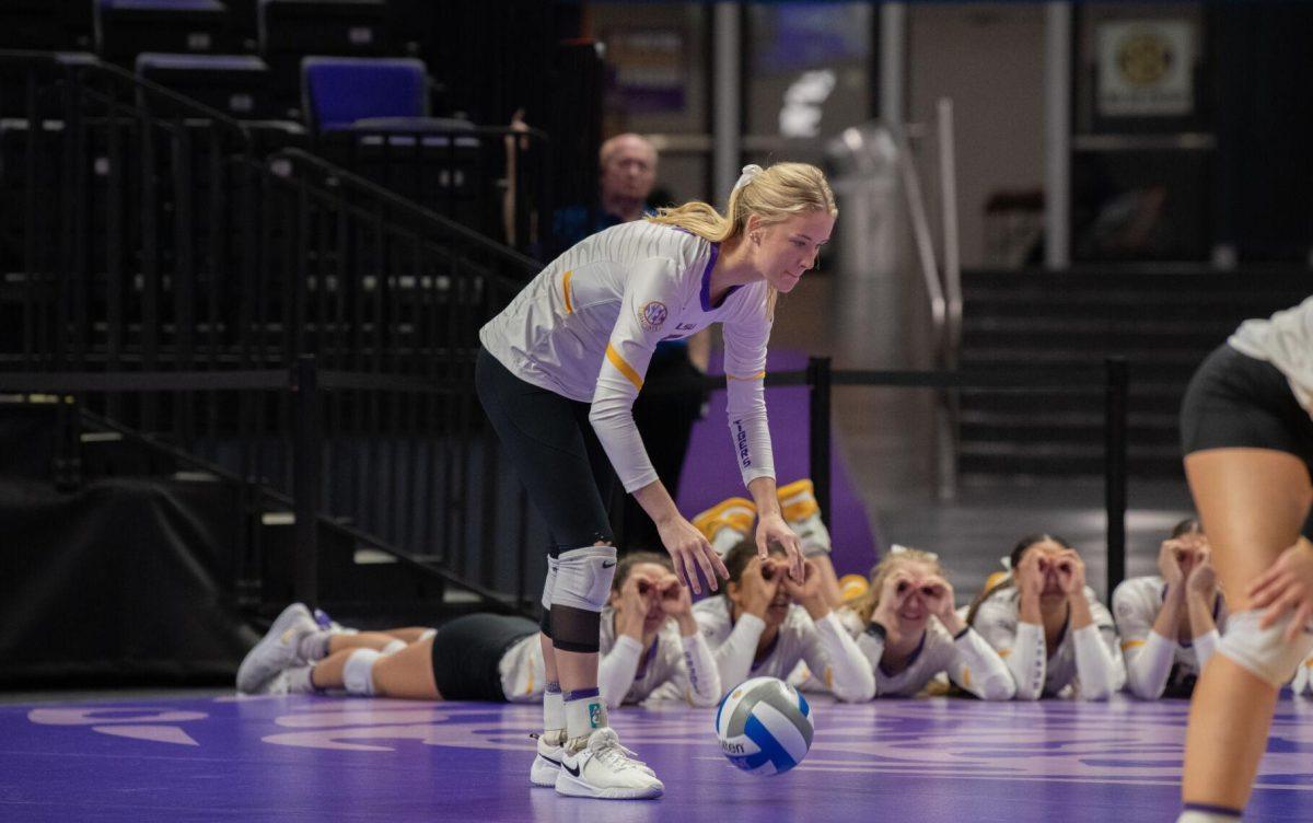 LSU volleyball graduate student setter Josie Vondran (5) prepares to serve the ball on Wednesday, Oct. 5, 2022, before their 3-2 victory over Auburn in the Pete Maravich Assembly Center on N. Stadium Drive.