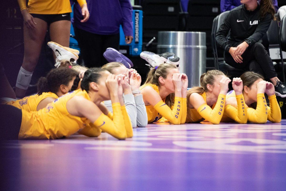 LSU volleyball players support their team from the side on Sunday, Oct. 30, 2022, during LSU&#8217;s 3-2 loss to Mississippi State at the Pete Maravich Assembly Center in Baton Rouge, La.