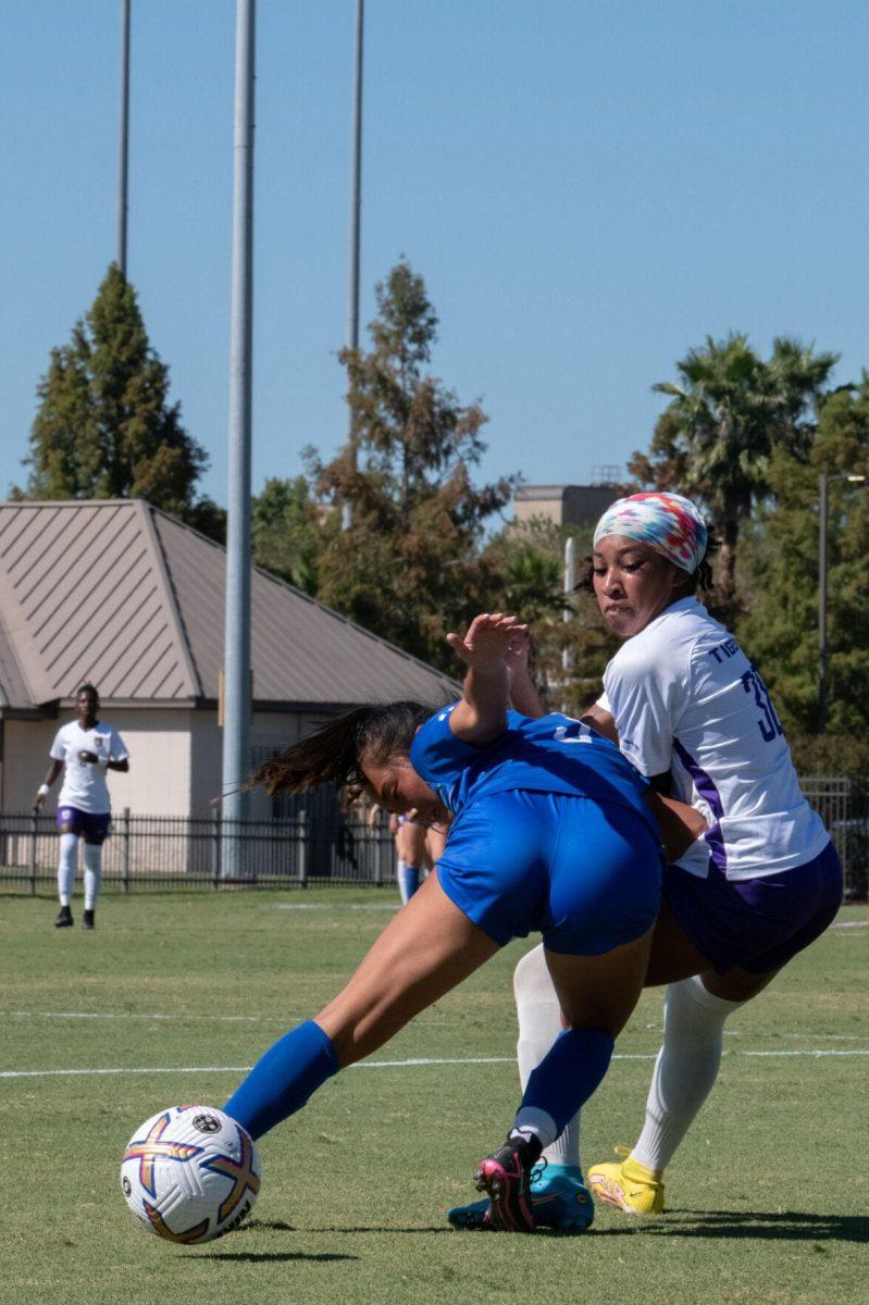 LSU soccer senior forward Rammie Noel (38) fights for the ball on Sunday, Oct. 2, 2022, during LSU&#8217;s 3-2 win against University of Kentucky at LSU&#8217;s Soccer Stadium off Nicholson Drive.