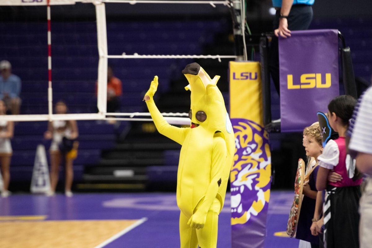 A young fan in costume waves on Sunday, Oct. 30, 2022, during LSU volleyball&#8217;s 3-2 loss to Mississippi State at the Pete Maravich Assembly Center in Baton Rouge, La.