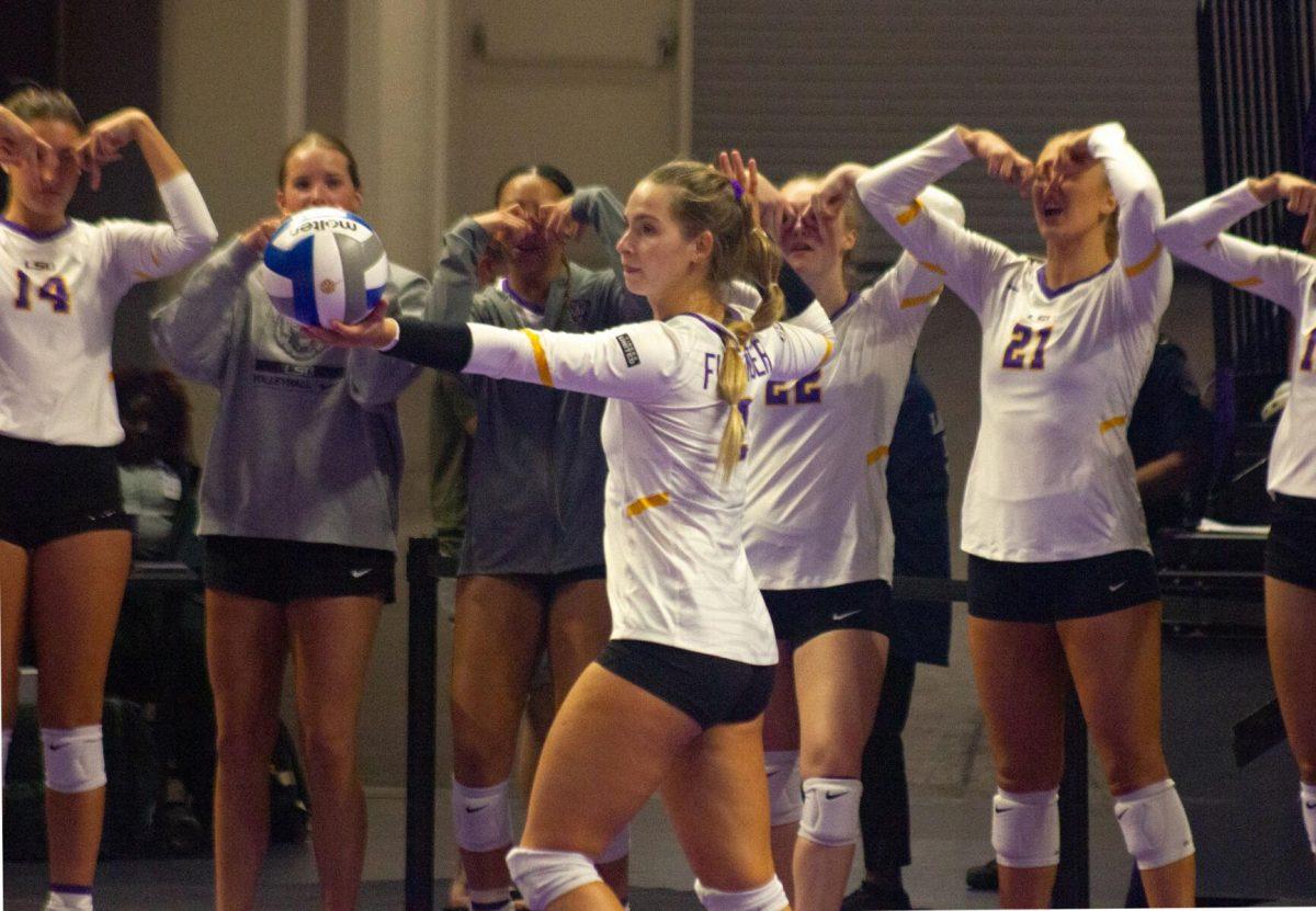 LSU volleyball junior outside hitter Paige Flickinger (2) prepares to serve the ball on Friday, Sept. 30, 2022, during their 3-2 victory against Ole Miss at the Pete Maravich Assembly Center in Baton Rouge, La.